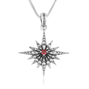 Star of Bethlehem Sterling Silver Necklace with Garnet - Made in Israel by Marina Jewelry