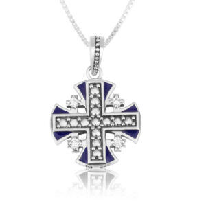 Blue Enamel 'Jerusalem Cross' Sterling Silver Engraved Necklace with Zircon - Made in Israel