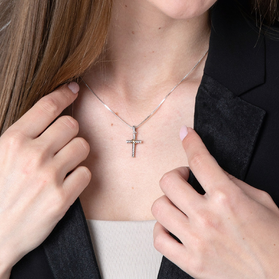 ‘Bound to The Cross’ Sterling Silver Necklace – Gold Plated Binding – worn by model – detail