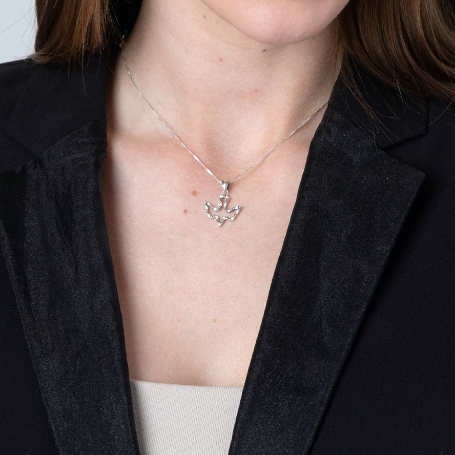 ‘Holy Spirit Dove’ Sterling Silver Necklace with Zircon – Made in Israel – worn by model