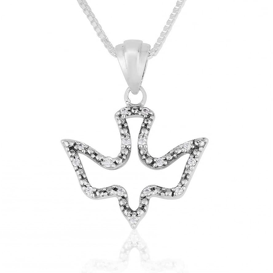 'Holy Spirit Dove' Sterling Silver Necklace with Zircon - Made in Israel by Marina Jewelry