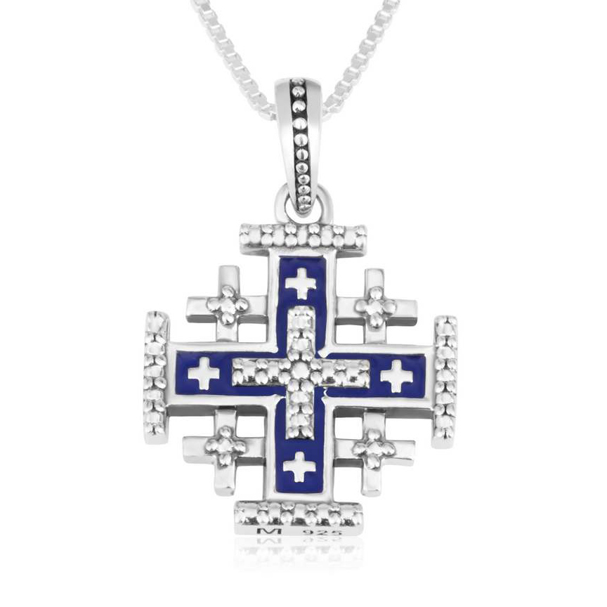 Jerusalem Cross Sterling Silver Necklace – Blue Enamel and Zircon – Engraved ‘Jerusalem’ – by Marina Jewelry