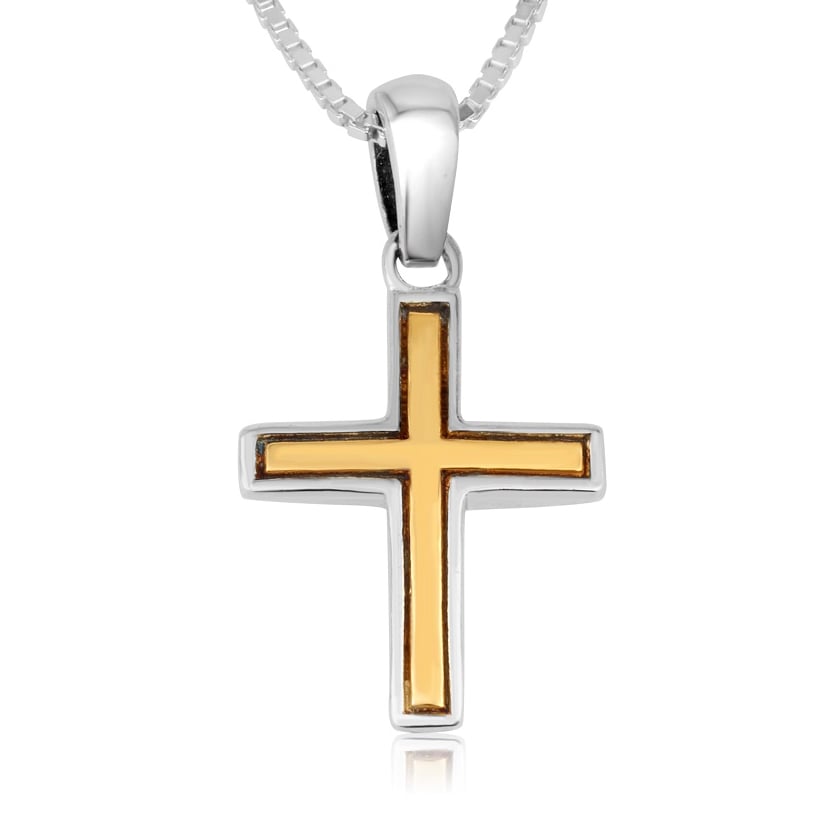 Sterling Silver Latin Cross Necklace – Gold Plated Cross Center – by Marina Jewelry