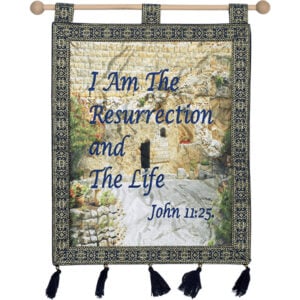 "He is Not Here" Garden Tomb Wall Hanging Scripture Banner from Israel - Blue