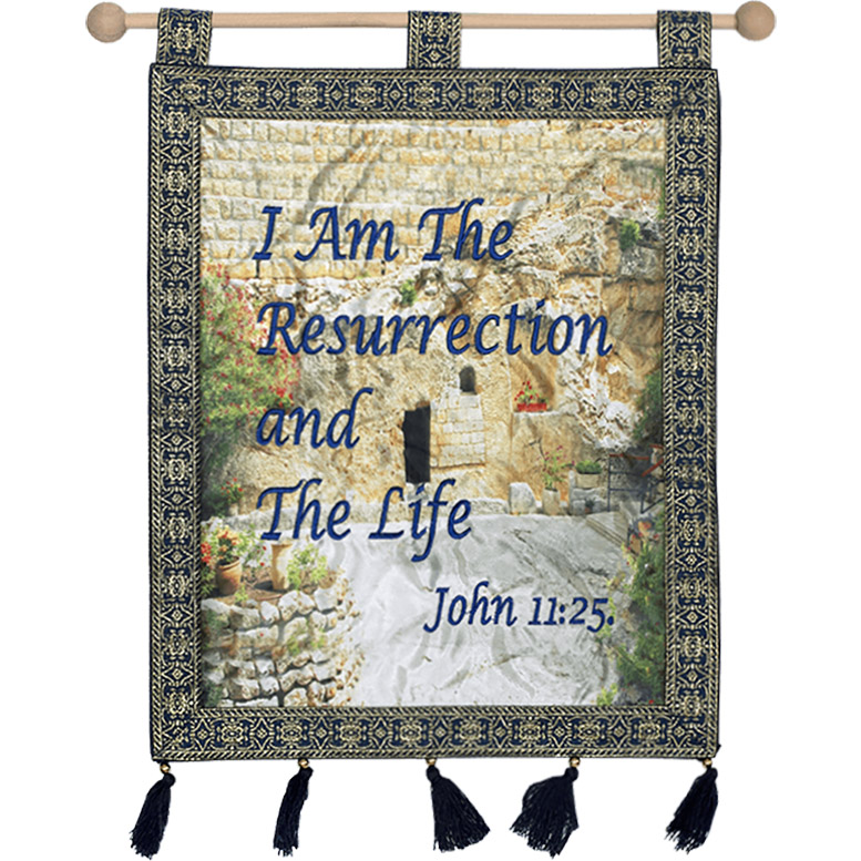 “He is Not Here” Garden Tomb Wall Hanging Scripture Banner from Israel – Blue