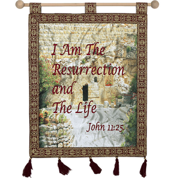 "He is Not Here" Garden Tomb Wall Hanging Scripture Banner from Israel - Burgundy