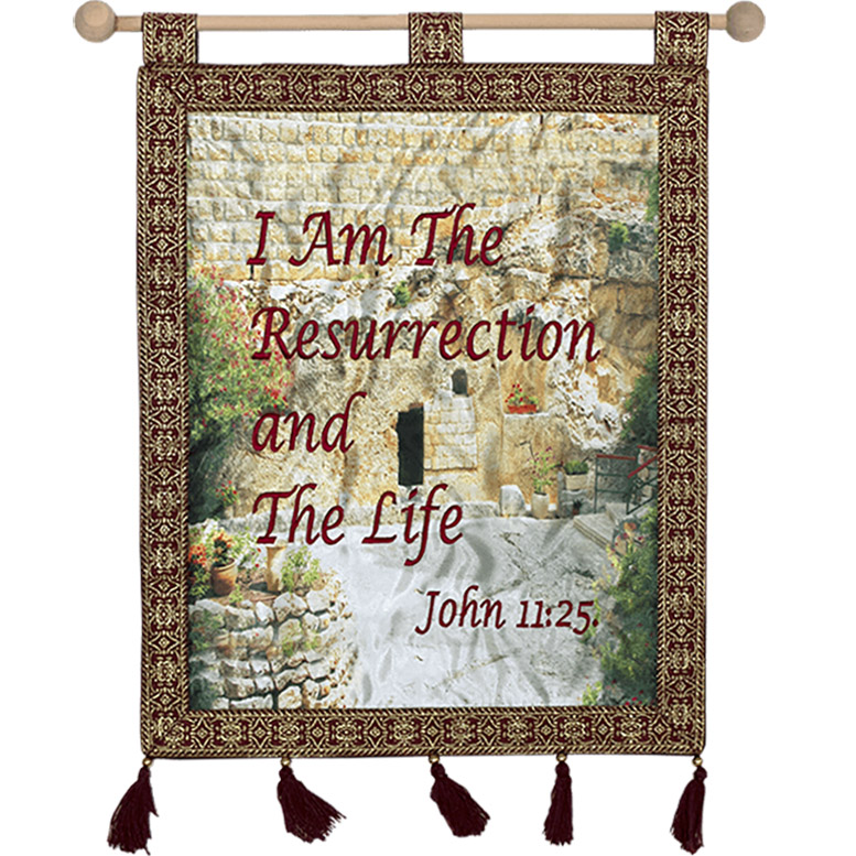 “He is Not Here” Garden Tomb Wall Hanging Scripture Banner from Israel – Burgundy