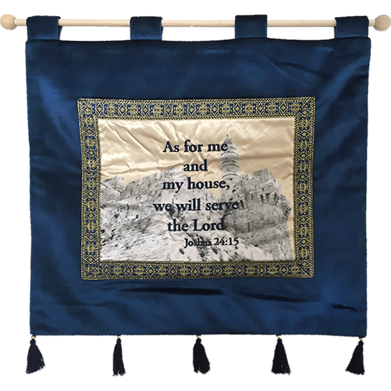 ‘As For Me and My House’ Velvet- Embroidered Wall Hanging – blue