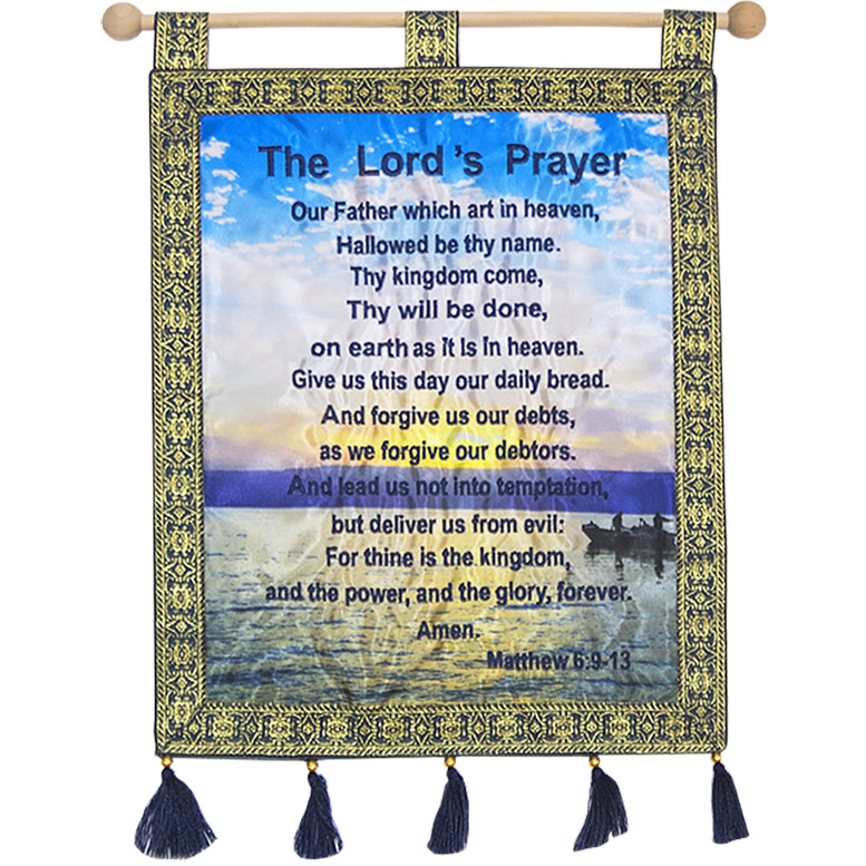 “The LORD’s Prayer” Over the Sea of Galilee – Embroidered Wall Hanging – Color: Blue