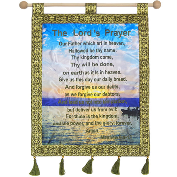 "The LORD's Prayer" Over the Sea of Galilee - Embroidered Wall Hanging - Color: Green
