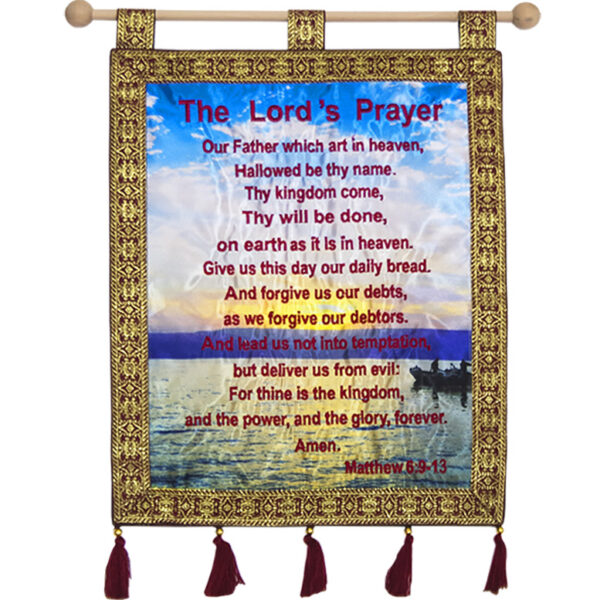 "The LORD's Prayer" Over the Sea of Galilee - Embroidered Wall Hanging - Color: Red