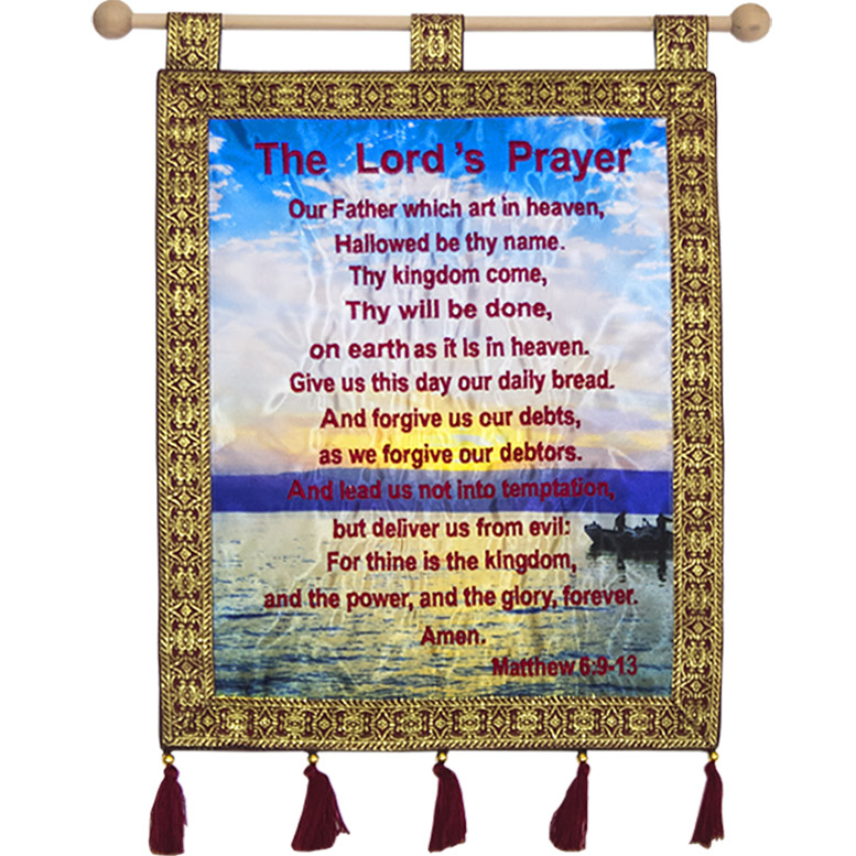 “The LORD’s Prayer” Over the Sea of Galilee – Embroidered Wall Hanging – Color: Red