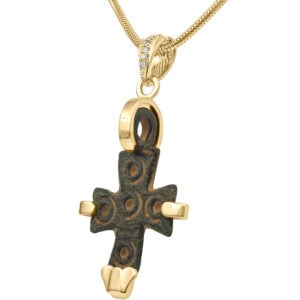 Authentic 6th Century Byzantine Bronze Cross in 14k Gold Pendant with Diamonds (right view)