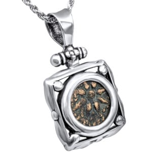 Jesus Time "Widow’s Mite Coin" in a Handmade Sterling Silver Square Pendant (angle view)