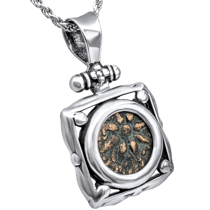 Jesus Time “Widow’s Mite Coin” in a Handmade Sterling Silver Square Pendant (angle view)