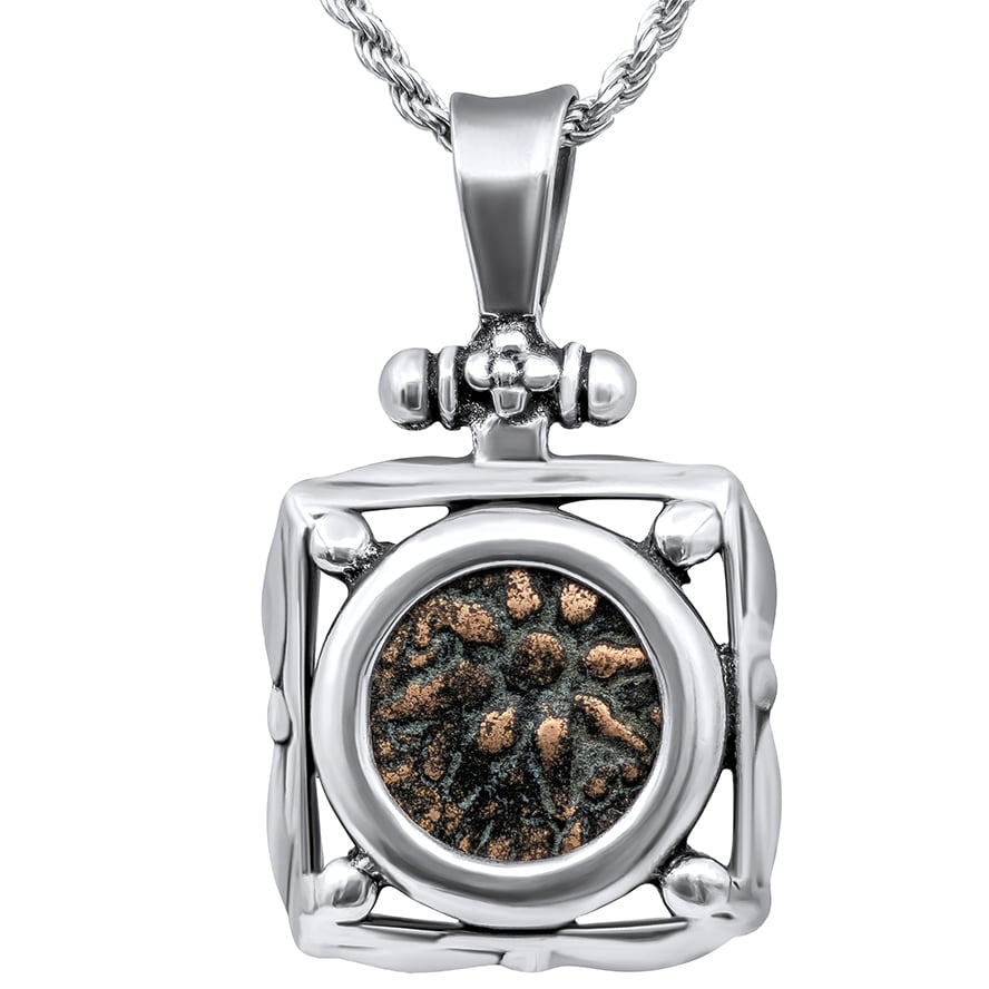 Jesus Time “Widow’s Mite Coin” in a Handmade Sterling Silver Square Pendant