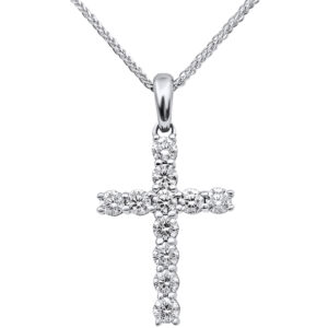 14k White Gold Cross Necklace Embedded with Diamonds - Made in Israel