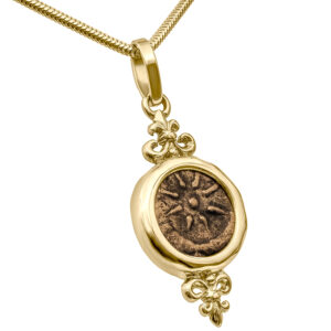 Biblical Coin of "The Widow's Mite" set in a 14k Gold Tudor Style Pendant