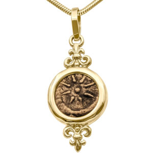 Biblical Coin of "The Widow's Mite" set in a 14k Gold Tudor Style Pendant (front)