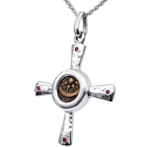 Cross Necklace with Genuine Jesus Time "Widow’s Mite Coin" in Sterling Silver - Made in Israel (angle view)