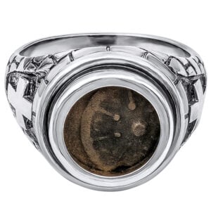 "Widow's Mite" Coin in a Sterling Silver Jerusalem Walls and Cross Ring - Made in Israel (front face)