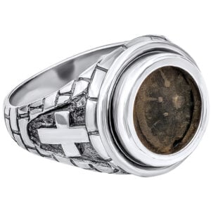 "Widow's Mite" Coin in a Sterling Silver Jerusalem Walls and Cross Ring - Made in Israel