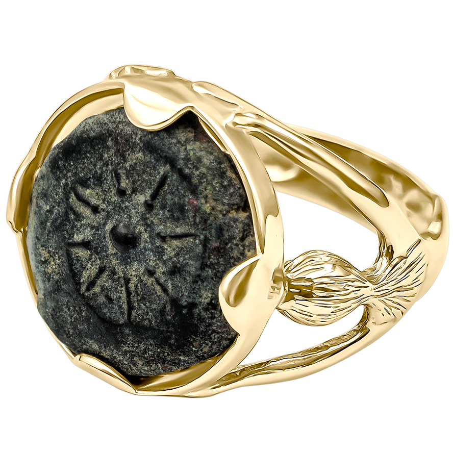 Two Figurines Lifting Up an Authentic Coin of "The Widow's Mite" Mounted in a 14k Gold Ring