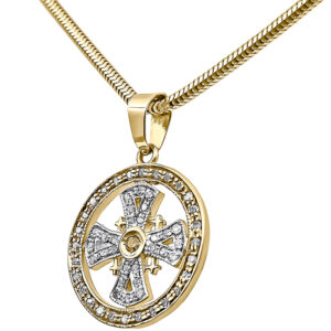 14k Gold Jerusalem Cross with Diamonds in a Round Pendant - Made in the Holy Land (angle view)