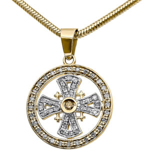 14k Gold Jerusalem Cross with Diamonds in a Round Pendant - Made in the Holy Land