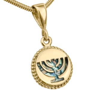 Cut Out Menorah above Roman Glass 14k Gold Round Pendant - Made in Israel (angle view)