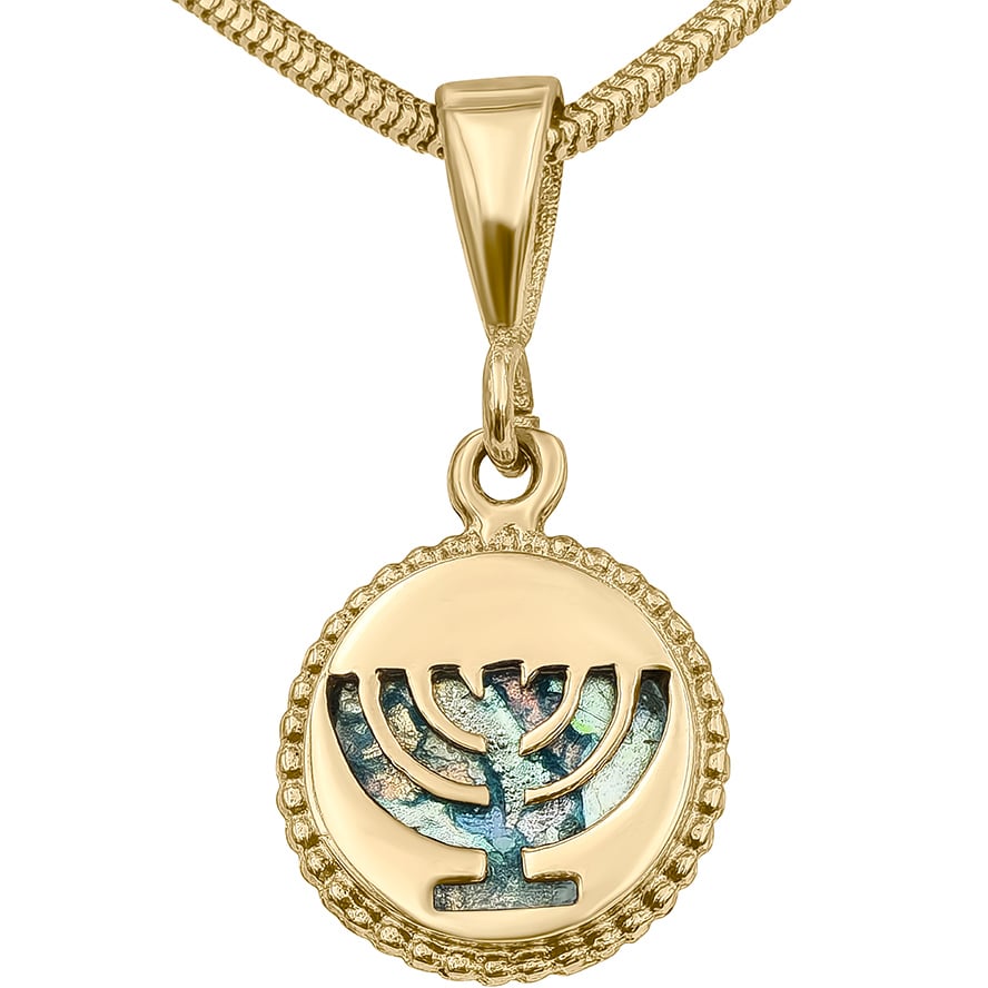Cut Out Menorah above Roman Glass 14k Gold Round Pendant – Made in Israel