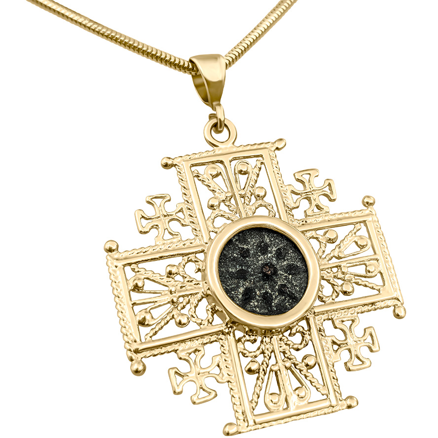 Jerusalem Cross with "Widow's Mite" coin Mounted in Filigree 14k Gold Necklace