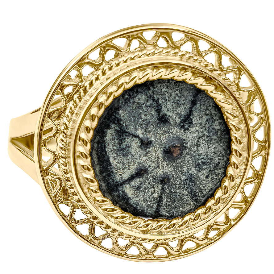 Authentic Jesus Time Coin of "The Widow's Mite" set in a 14k Gold Ornate Ring (front view)