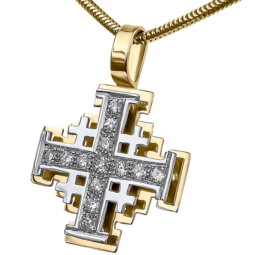 ‘Jerusalem Cross’ with Diamonds in 14k Yellow and White Gold Pendant – Made in Israel