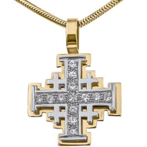 'Jerusalem Cross' with Diamonds in 14k Yellow and White Gold Pendant - Made in Israel