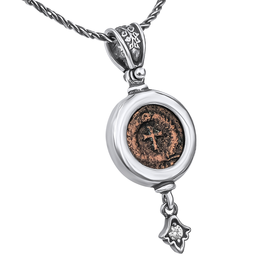 Authentic 4th Century Christian Coin – Sterling Silver Pendant with a CZ – Made in Israel