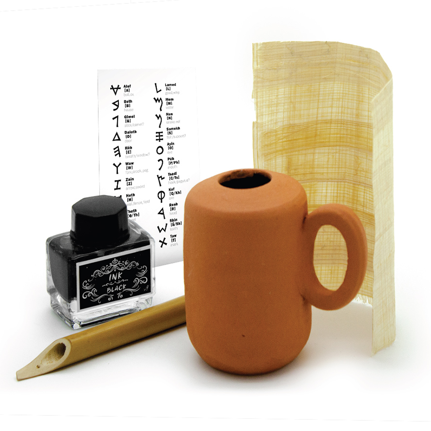 'The Qumran Inkwell Set' Replica Scribe Kit: Ink Well, Papyrus, Reed & Ink - From Israel