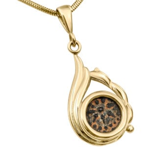 Jesus Period "Widow's Mite" Coin mounted in a 14k Gold Teardrop Necklace - Made in Jerusalem