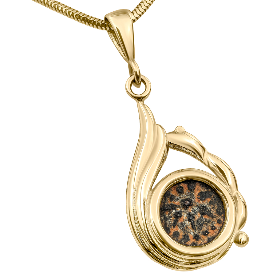 Jesus Period "Widow's Mite" Coin mounted in a 14k Gold Teardrop Necklace - Made in Jerusalem