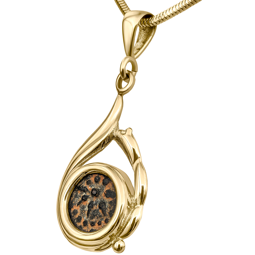 Jesus Period "Widow's Mite" Coin mounted in a 14k Gold Teardrop Necklace - angle view