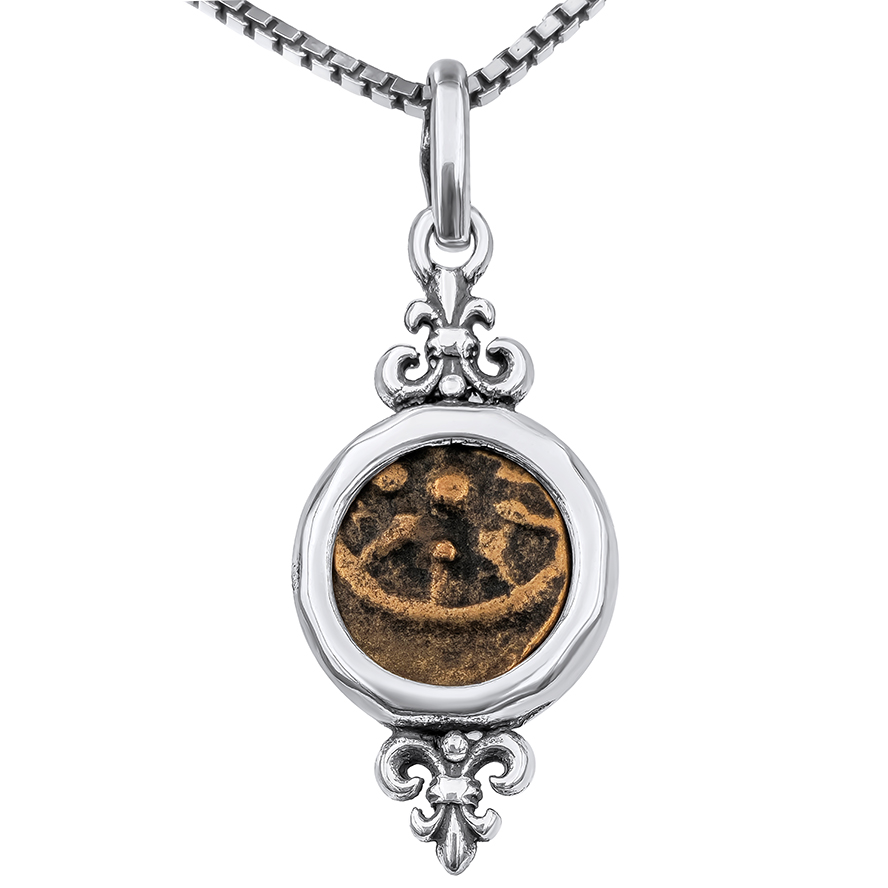 "Widow's Mite" Jesus Period Coin in a Pendant - Ornate Handmade Sterling Silver Frame