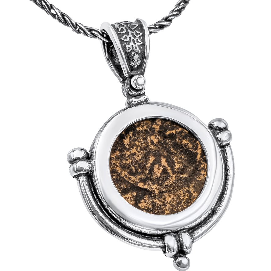 “Widow’s Mite” Coin Pendant – Handmade Sterling Silver Anchor Frame – Made in Jerusalem