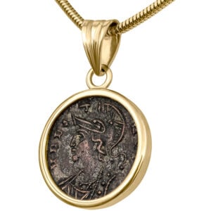 Genuine Constantine Coin Mounted in a 14k Gold Pendant – She Wolf With Romulus & Remus - angle view