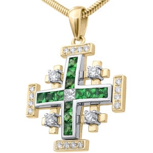 Jerusalem Cross Necklace in 14k Gold with Diamonds & Emeralds - Made in Israel