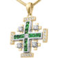 Jerusalem Cross Necklace in 14k Gold with Diamonds & Emeralds - Made in Israel