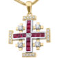 Jerusalem Cross Pendant in 14k Gold with Diamonds & Rubies - front view