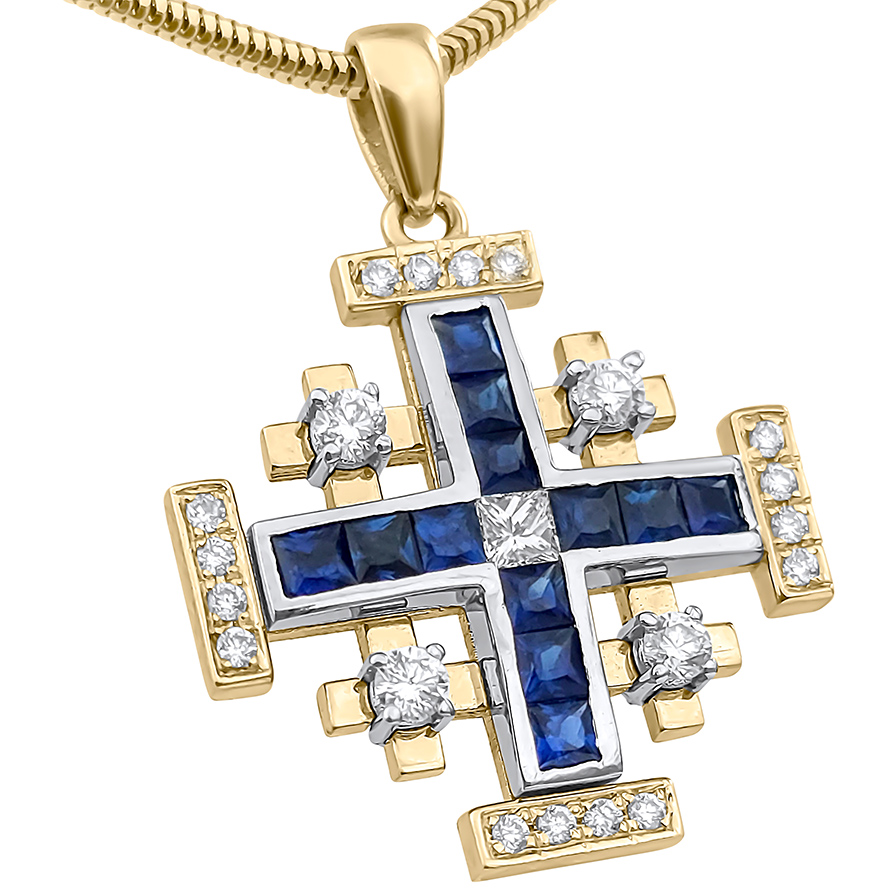 Jerusalem Cross Necklace in 14k Gold with Diamonds & Sapphires – Made in the Holy Land