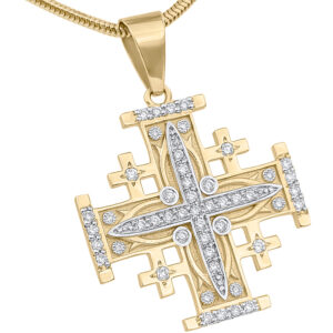 Jerusalem Cross in 14k Yellow Gold and Dazzling Diamonds - Made in the Holy Land