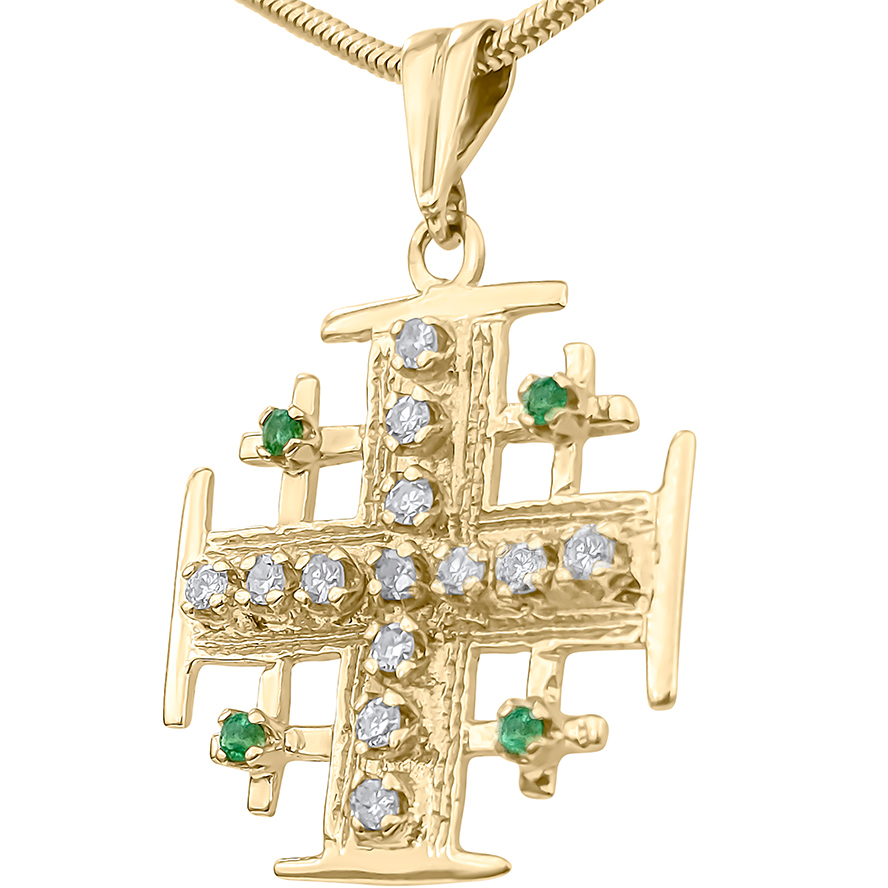 'Jerusalem Cross' Necklace in 14k Gold with Diamonds and Emeralds - Made in the Holy Land