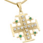 14k Gold Jerusalem Cross Necklace with Diamonds & Emeralds